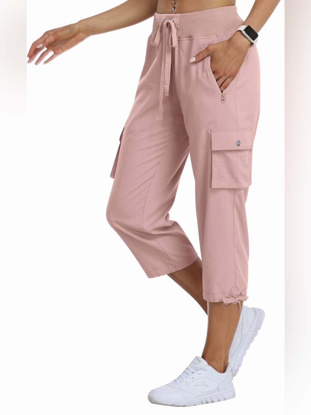 Women's Cargo Capri Pants with Tie Hem - Pink - Picture 2 of 9